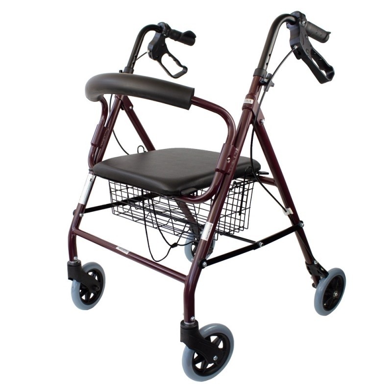 Andador para ancianos | Aluminio | Plegable | Frenos de maneta | Asiento y  respaldo | 4 ruedas | Burdeos | Escorial | Mobiclinic