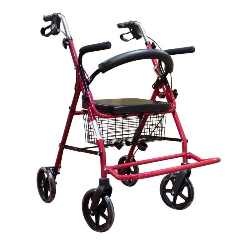 Andador para ancianos | Aluminio | Plegable | Frenos en manetas | Asiento y  respaldo | 4 ruedas | Burdeos | Colón | Mobiclinic